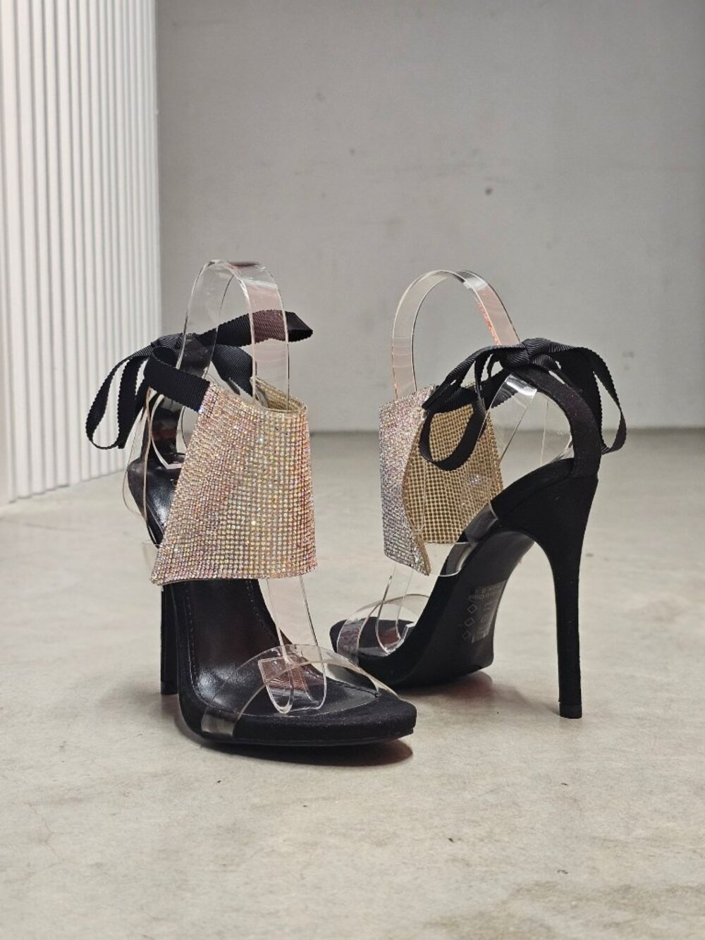 Black High Heel Sandals With Rhinestone Embellished Panels Clear Straps & Ribbon